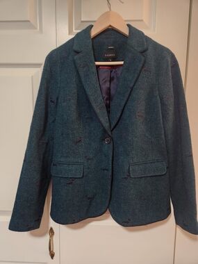 Talbots Green Herringbone Notch-Lapel Wool Blend Blazer Adorable Dachshund Print
